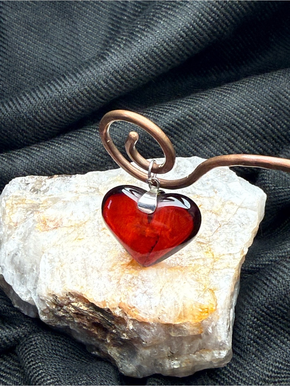 Cherry Red Amber Heart Pendant Boho Statement Jewelry